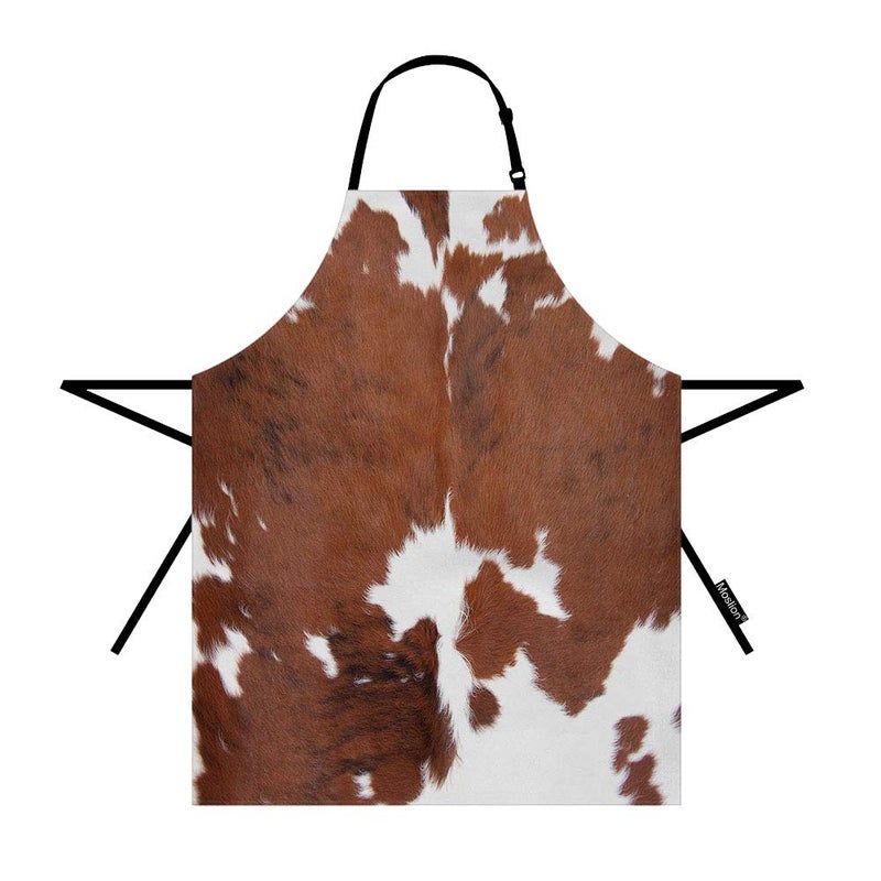 Moslion Cowhide Apron 31x27 Inch Leopard Farm Animal Tri Color Brown Cow Kitchen Chef Waitress Cook Aprons Bib with Adjustable Neck for Women Men Girls - Image 1